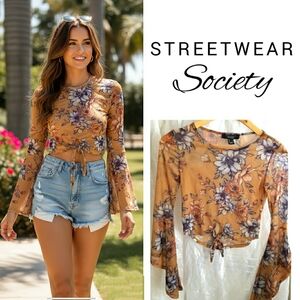 Vtg🌾Floral Mesh Sheer Top With Bell Sleeves|Streetwear Society